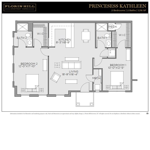 Floor plan for 2 beds, 2 baths, 1116 sqft